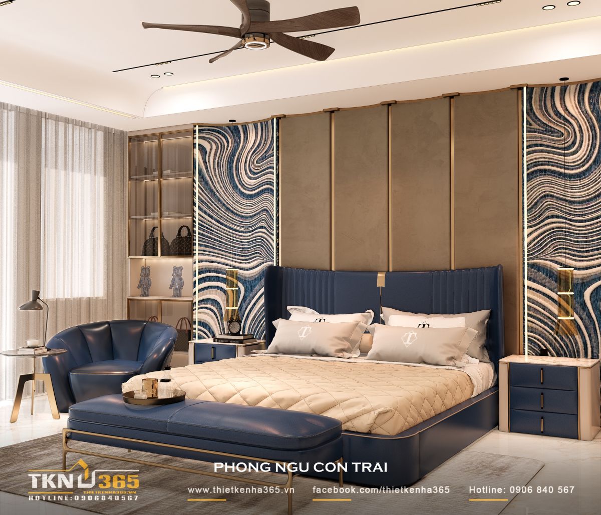 Phòng ngủ con trai nổi bật với sắc xanh navy, mang lại cảm giác mạnh mẽ, trẻ trung
