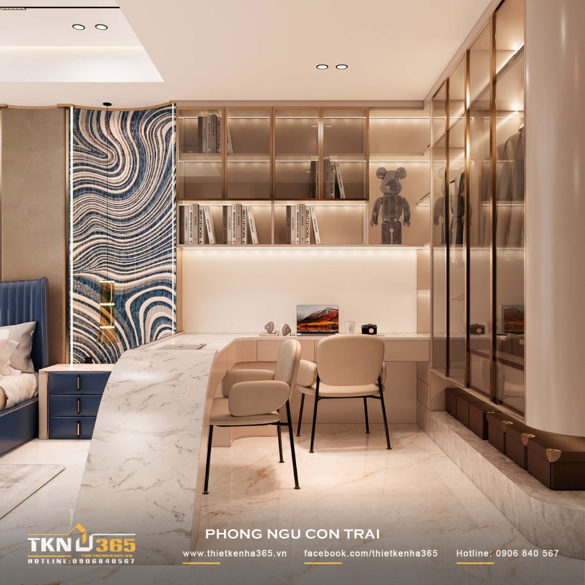 Góc học tập bố trí gọn gàng, liền kề tủ lưu trữ, tạo môi trường sinh hoạt tiện nghi và tập trung