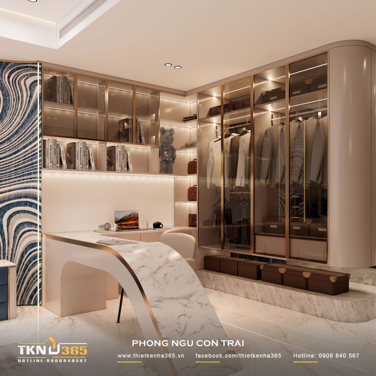 Hệ tủ quần áo cánh kính kết hợp ánh sáng bên trong vừa trưng bày vừa tối ưu lưu trữ, đồng bộ phong cách chung