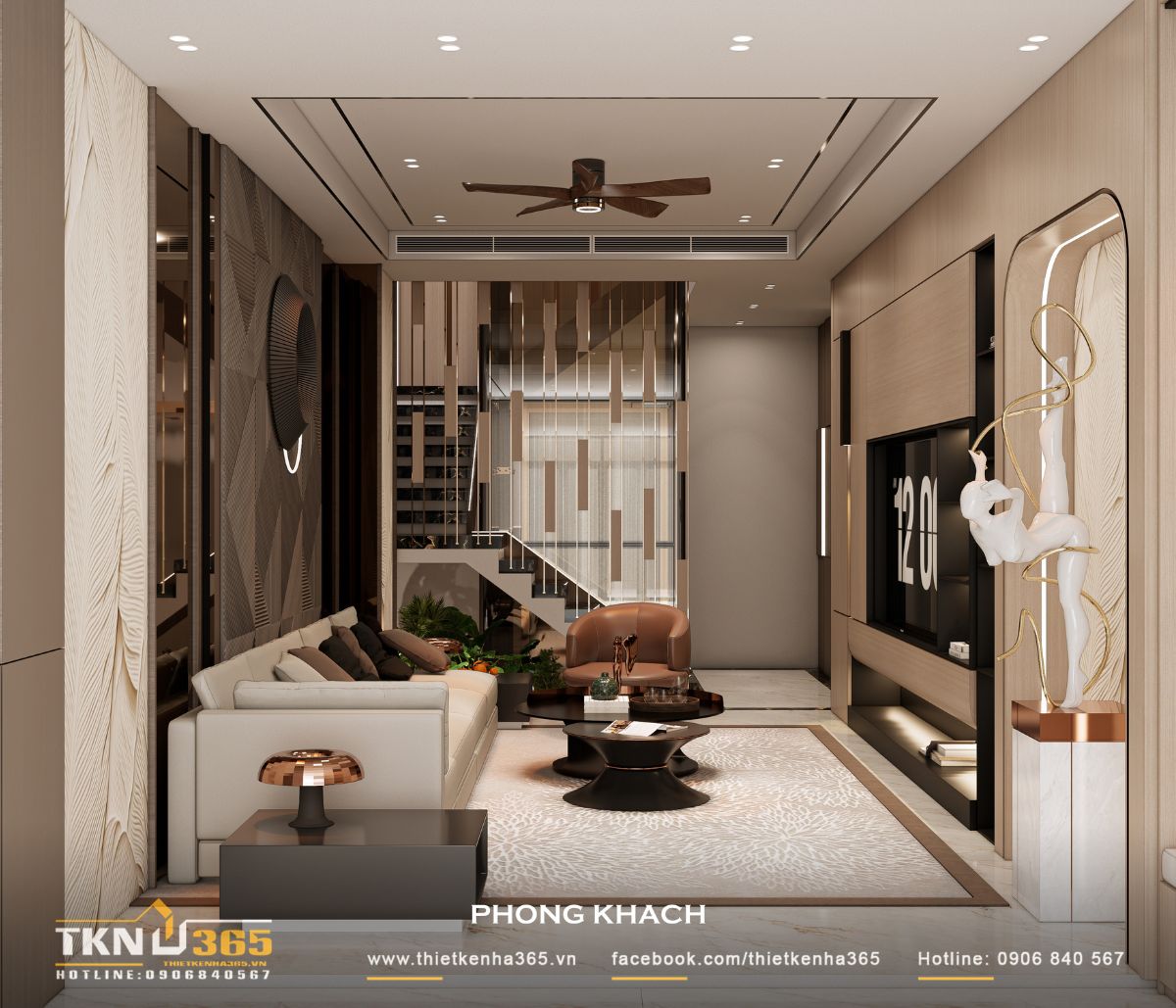 Không gian phòng khách mở với bố cục gọn gàng, ánh sáng và lớp vật liệu được xử lý tinh tế