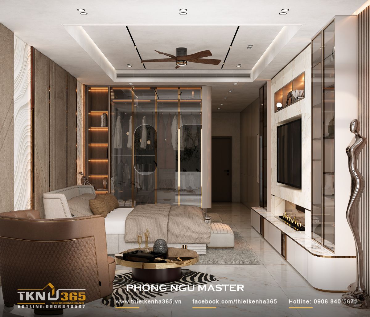Phòng ngủ master tại tầng hai tích hợp đầy đủ khu nghỉ ngơi, thay đồ và bàn trang điểm, đảm bảo sự riêng tư và tiện nghi