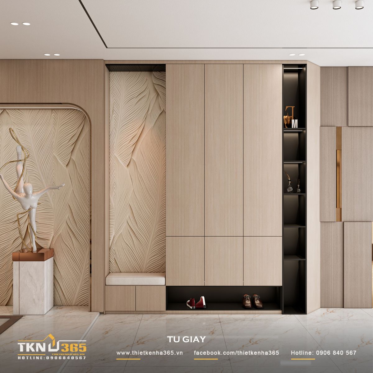 Hệ tủ giày âm tường kết hợp ghế ngồi và mảng ốp 3D, vừa tiện dụng vừa tăng chiều sâu thẩm mỹ