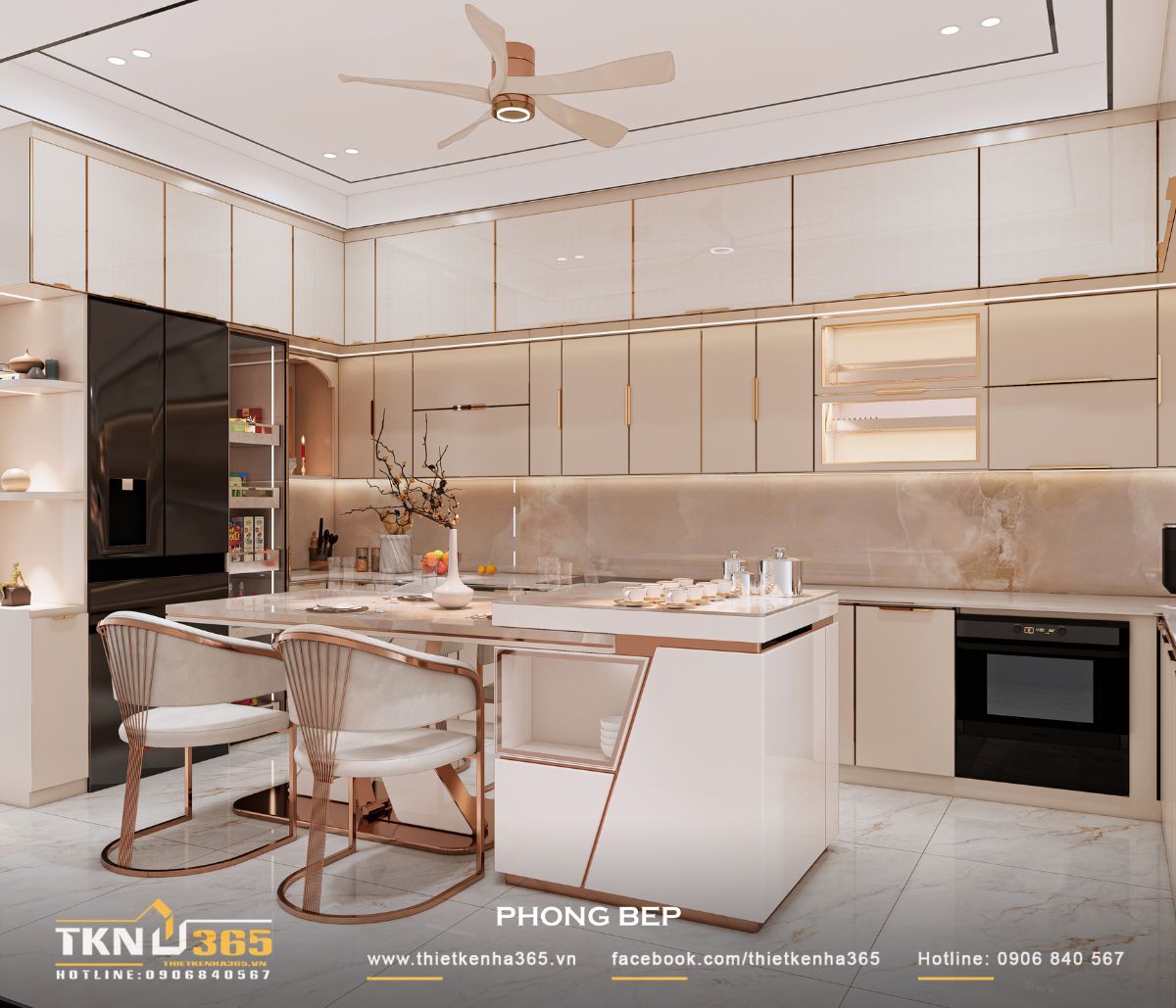 Đảo bếp kết hợp bàn ăn đặt liền kề, tạo nên sự liền mạch trong sử dụng và tăng tính kết nối giữa các thành viên