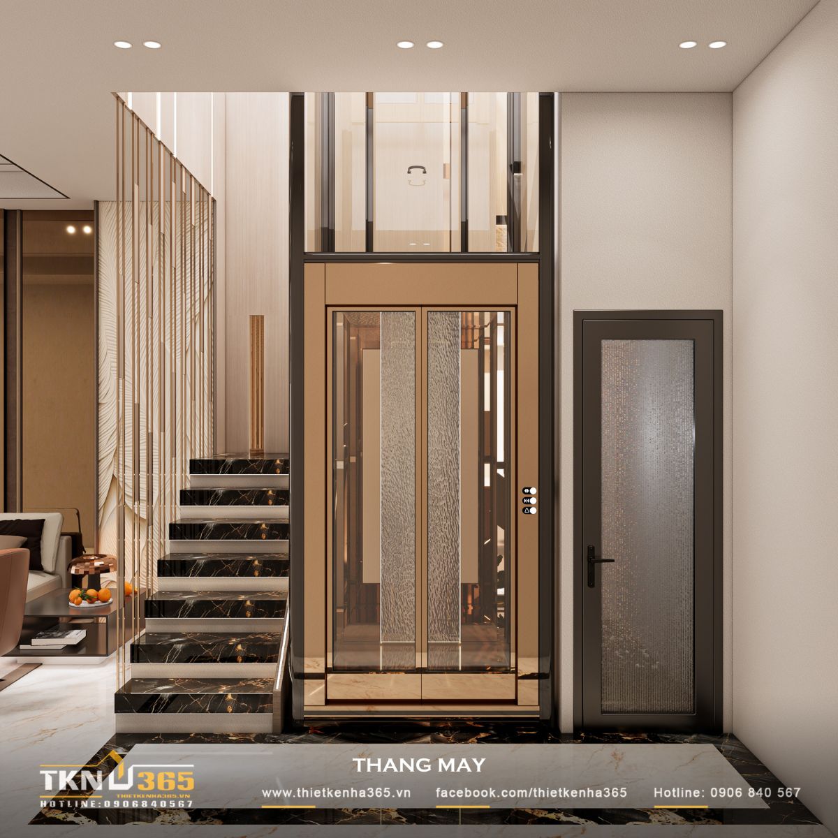 Hệ thang máy kính đặt cạnh cầu thang bằng đá marble vân vàng tạo nên trục giao thông trung tâm vừa tiện nghi vừa giàu tính thẩm mỹ