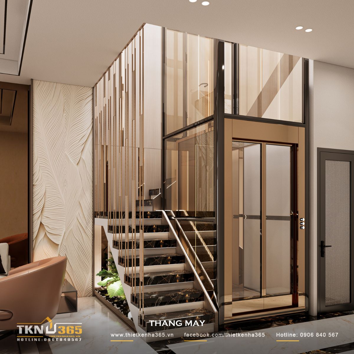 Sự kết hợp giữa vật liệu đá với đường vân mạnh mẽ và lớp kính trong suốt giúp không gian trở nên ấn tượng, có chiều sâu thị giác rõ rệt