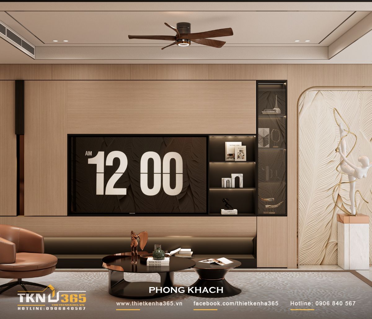 Kệ TV thiết kế tối giản, kết hợp ánh sáng hắt và chi tiết kim loại tạo điểm nhấn nhẹ nhàng