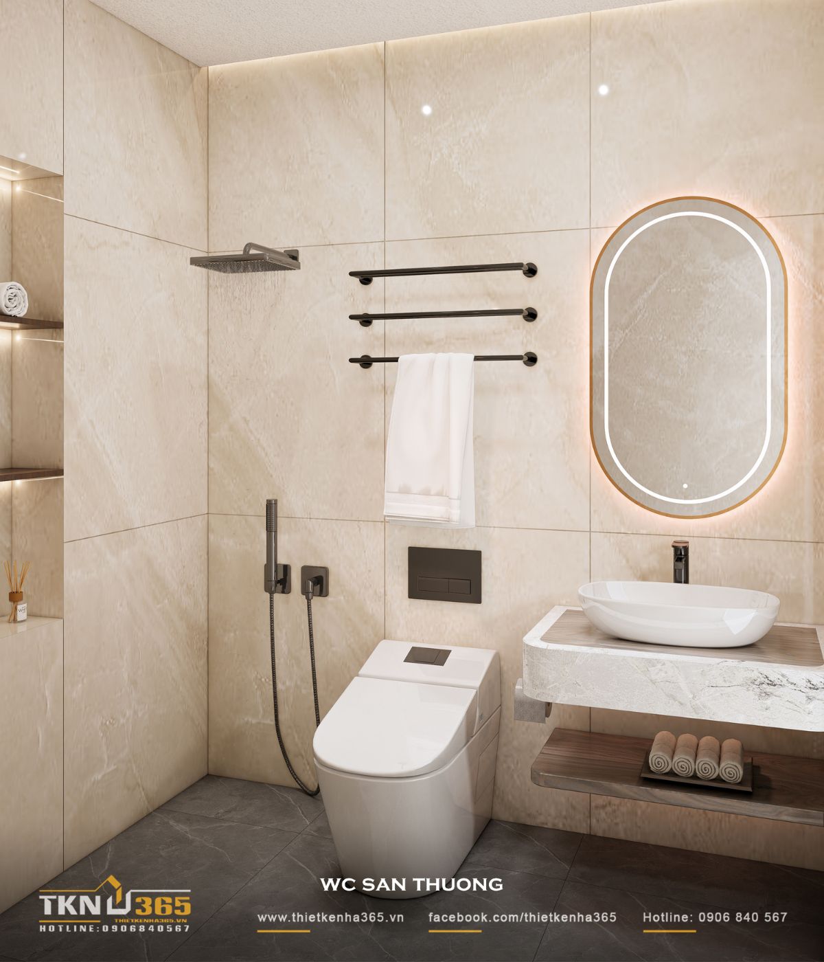 Phòng tắm sử dụng lavabo treo, gương LED bo cong và hệ kệ gỗ bên dưới, đảm bảo công năng cơ bản nhưng vẫn giữ sự nhẹ nhàng, tinh gọn cho không gian