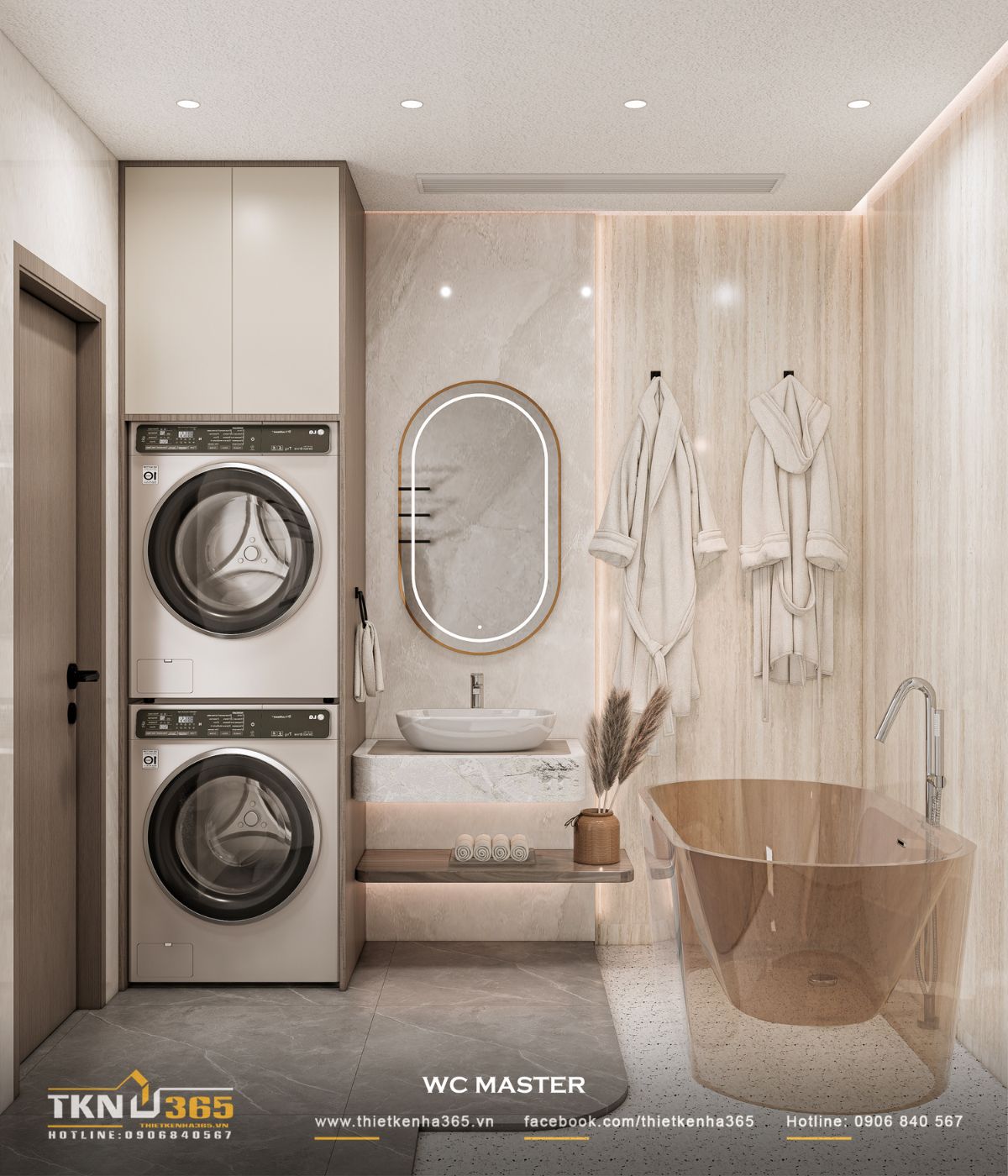 Không gian WC master tích hợp bồn tắm và hệ tủ giặt sấy, vừa tăng tiện nghi vừa giữ được sự liền mạch trong ngôn ngữ vật liệu