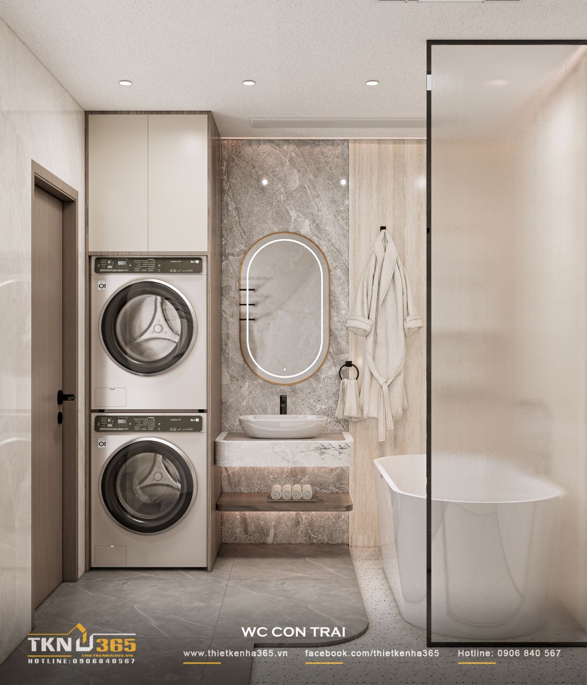 Khu vực phòng tắm của con tổ chức khoa học với lavabo treo, gương LED và hệ lưu trữ tối giản, phù hợp nhịp sinh hoạt hàng ngày