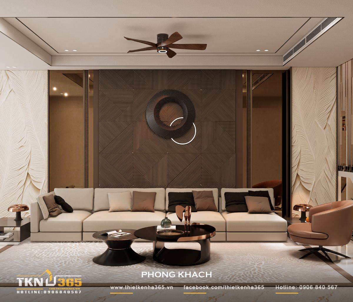 Sofa kem kết hợp bàn trà ánh kim, nền màu trung tính mang lại cảm giác ấm áp, thanh lịch