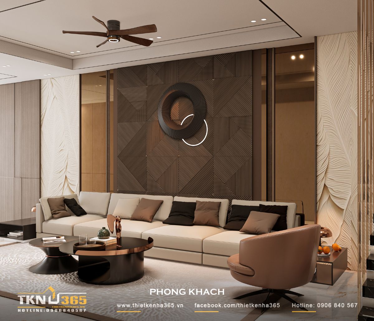 Mảng tường 3D và vách ốp tối màu tạo chiều sâu, giúp thiết kế nội thất nhà phố 5 tầng trở nên nổi bật hơn