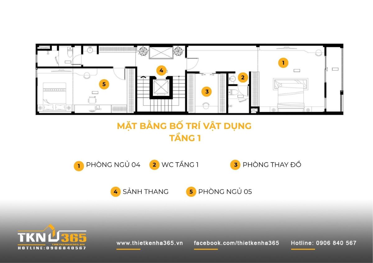 Bản vẽ mặt bằng lầu 1 với 2 phòng ngủ và WC riêng