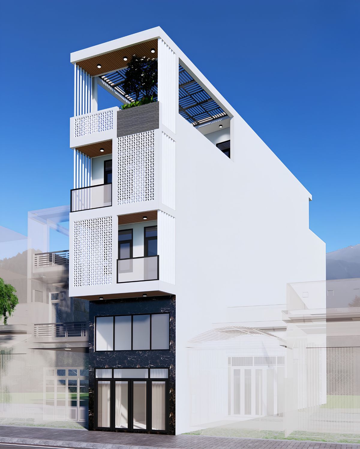 Mẫu nhà 1 trệt 1 lửng 2 lầu 1 sân thượng phong cách luxury hiện đại, nhà mặt tiền có tầng lửng ưu tiên sử dụng vật liệu hoàn thiện cao cấp (Ảnh: Sưu tầm)