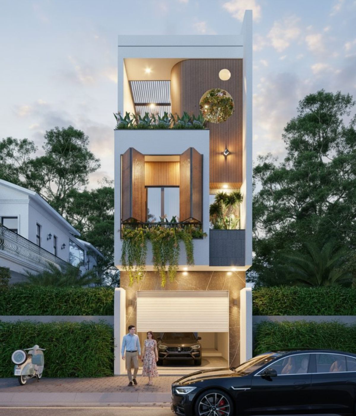 Nhà phố nhiều tầng ưu tiên thiết kế mặt tiền nhiều lớp để đảm bảo khả năng lấy sáng, giảm bức xạ nhiệt nhưng vẫn giữ sự riêng tư cần thiết (Ảnh: Sưu tầm)