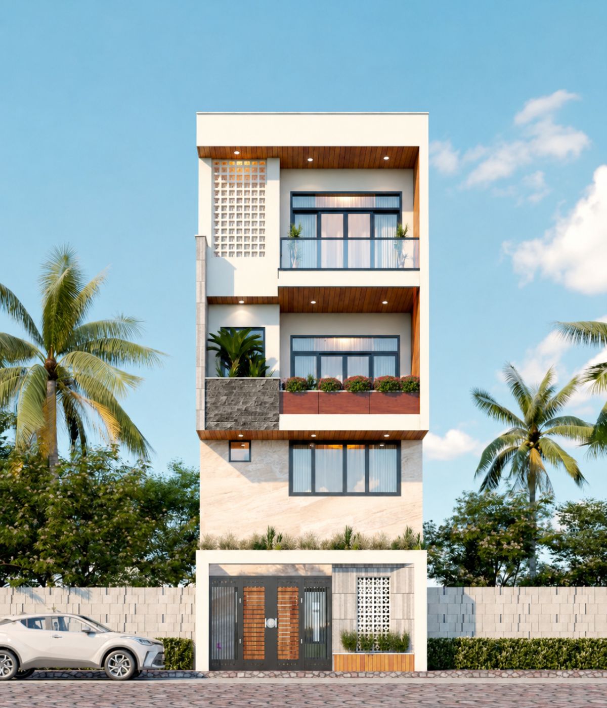 Nhà 1 trệt lửng 2 lầu hiện đại thiết kế hình khối đơn giản, phù hợp với nhu cầu sử dụng của gia đình trẻ (Ảnh: Sưu tầm)