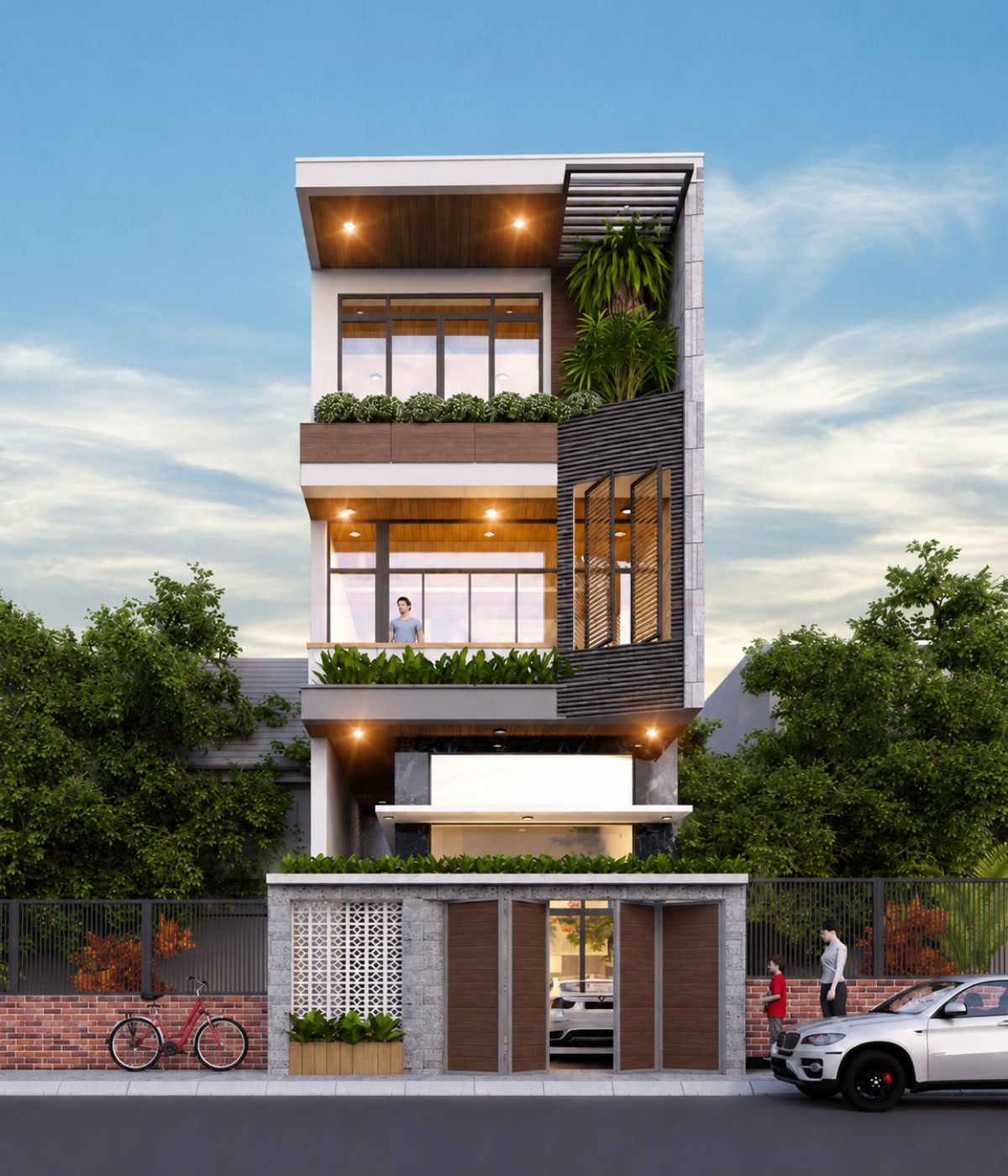 Mẫu nhà 3 tầng có gác lửng bố trí gara ô tô ở tầng trệt để sử dụng thuận tiện (Ảnh: Sưu tầm)