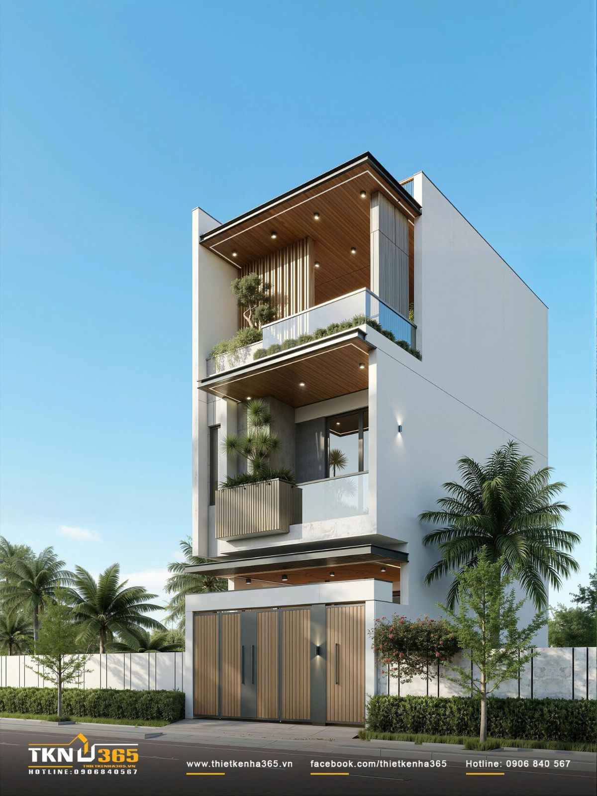 Thiết kế nhà phố 3 tầng cho thấy rõ cách vật liệu gỗ, lam đứng và cây xanh được sử dụng để làm mềm đường nét kiến trúc hiện đại