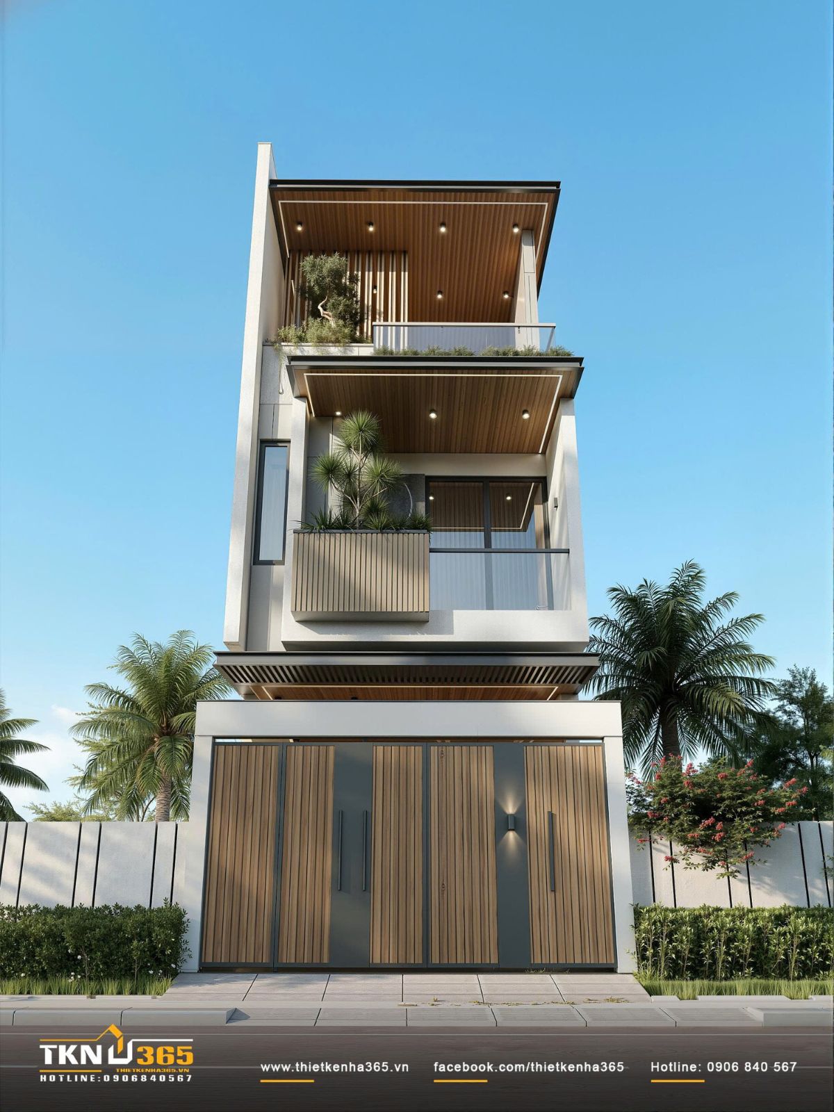 Hệ lam gỗ, khoảng sân thượng mở và cây xanh nhiều tầng giúp nhà phố 3 tầng mang cảm giác gần gũi như một không gian nghỉ dưỡng giữa đô thị