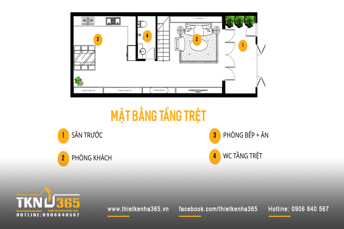 Mặt bằng tầng trệt của nhà phố 3 tầng tổ chức liên thông giữa sân trước, phòng khách và bếp ăn nhằm tăng sự kết nối trong sinh hoạt hàng ngày