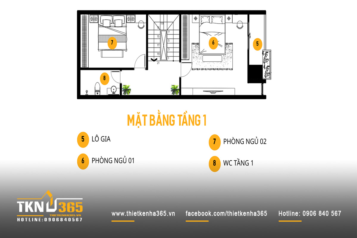 Hai phòng ngủ tại tầng một của nhà phố 3 tầng bố trí tách về hai phía cầu thang để giữ sự riêng tư nhưng vẫn đảm bảo thông gió và ánh sáng tự nhiên
