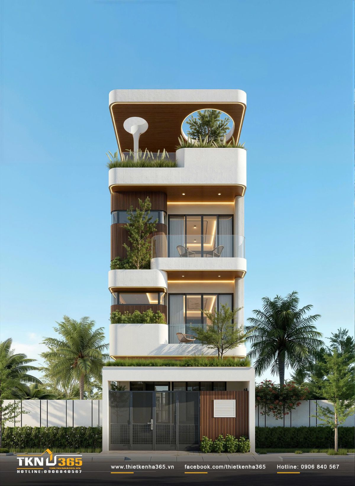Thiết kế nhà phố 4 tầng gây ấn tượng với các lớp ban công đan xen, giúp mặt tiền luôn thoáng sáng và thu hút