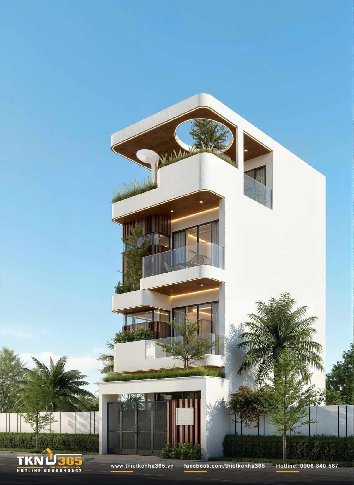 Nhà phố 4 tầng sử dụng gam màu trắng kết hợp lam gỗ và kính lớn để giữ cảm giác hiện đại, thoáng sáng nhưng vẫn riêng tư và dễ chịu
