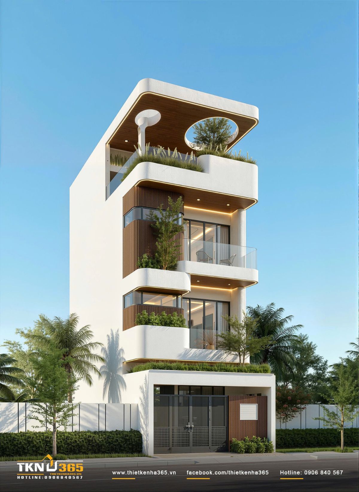 Cây xanh xuất hiện xuyên suốt mặt tiền giúp nhà phố 4 tầng giữ được cảm giác mềm mại, thoáng mát và gần gũi hơn với thiên nhiên