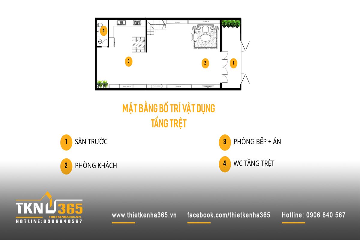 Mặt bằng tầng trệt của nhà phố 4 tầng ưu tiên không gian mở để tăng kết nối giữa phòng khách và khu bếp ăn