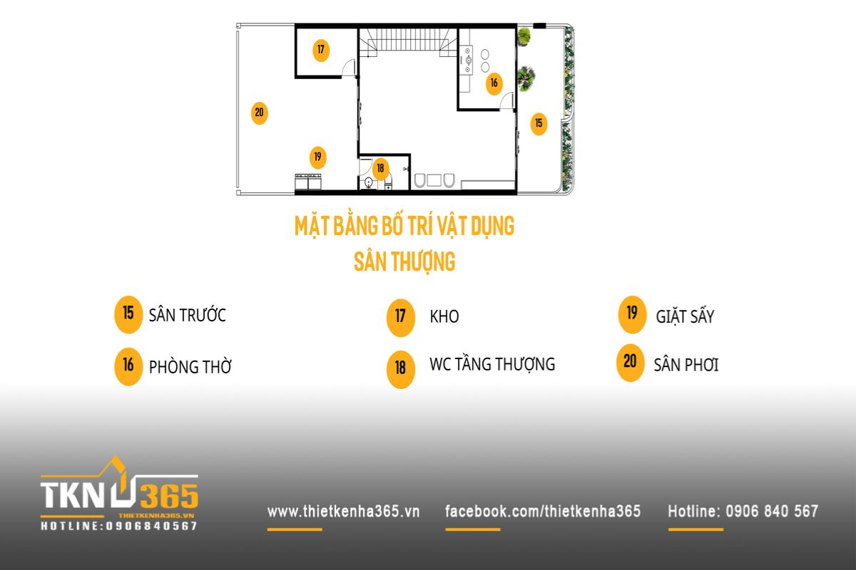 Sân thượng nhà phố 4 tầng được phát triển như không gian thư giãn mở với sân vườn, phòng thờ và khu giặt phơi tách biệt