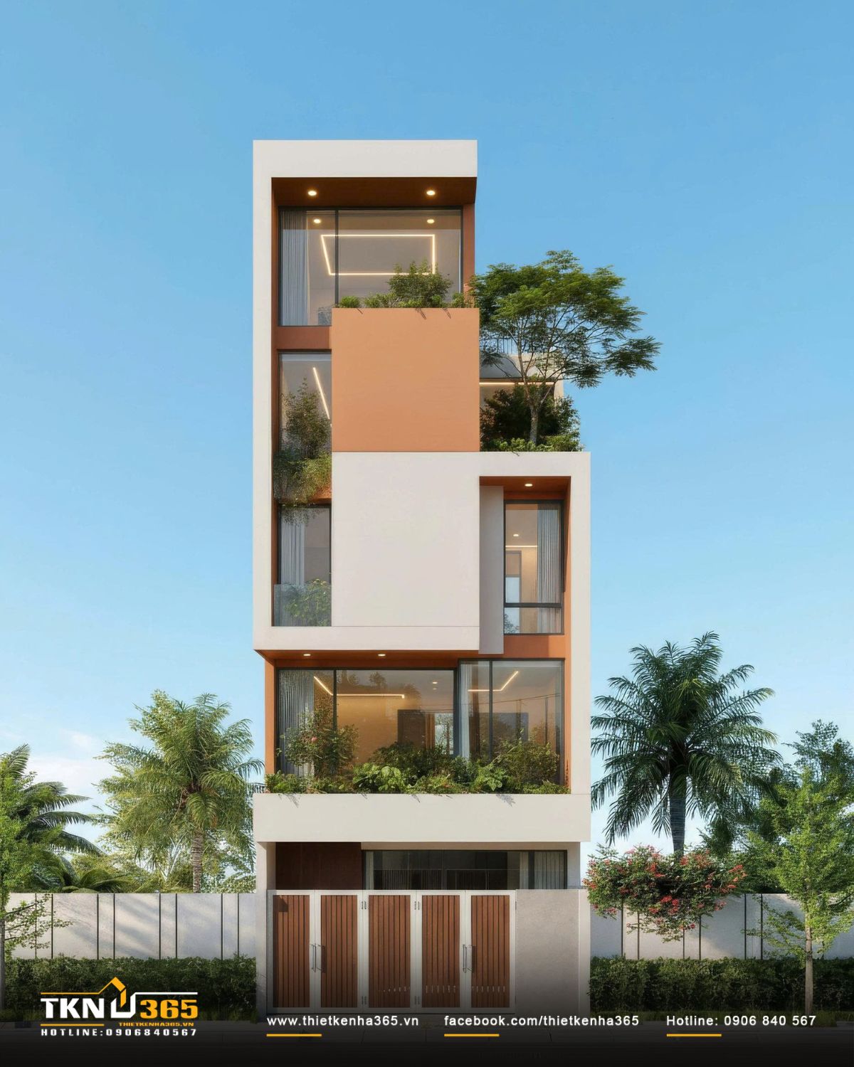 Mặt tiền nhà phố 5 tầng 5x16m với các khối hộp xếp lệch tạo chiều sâu, xen kẽ khoảng cây xanh như những khu vườn nhỏ treo giữa các tầng
