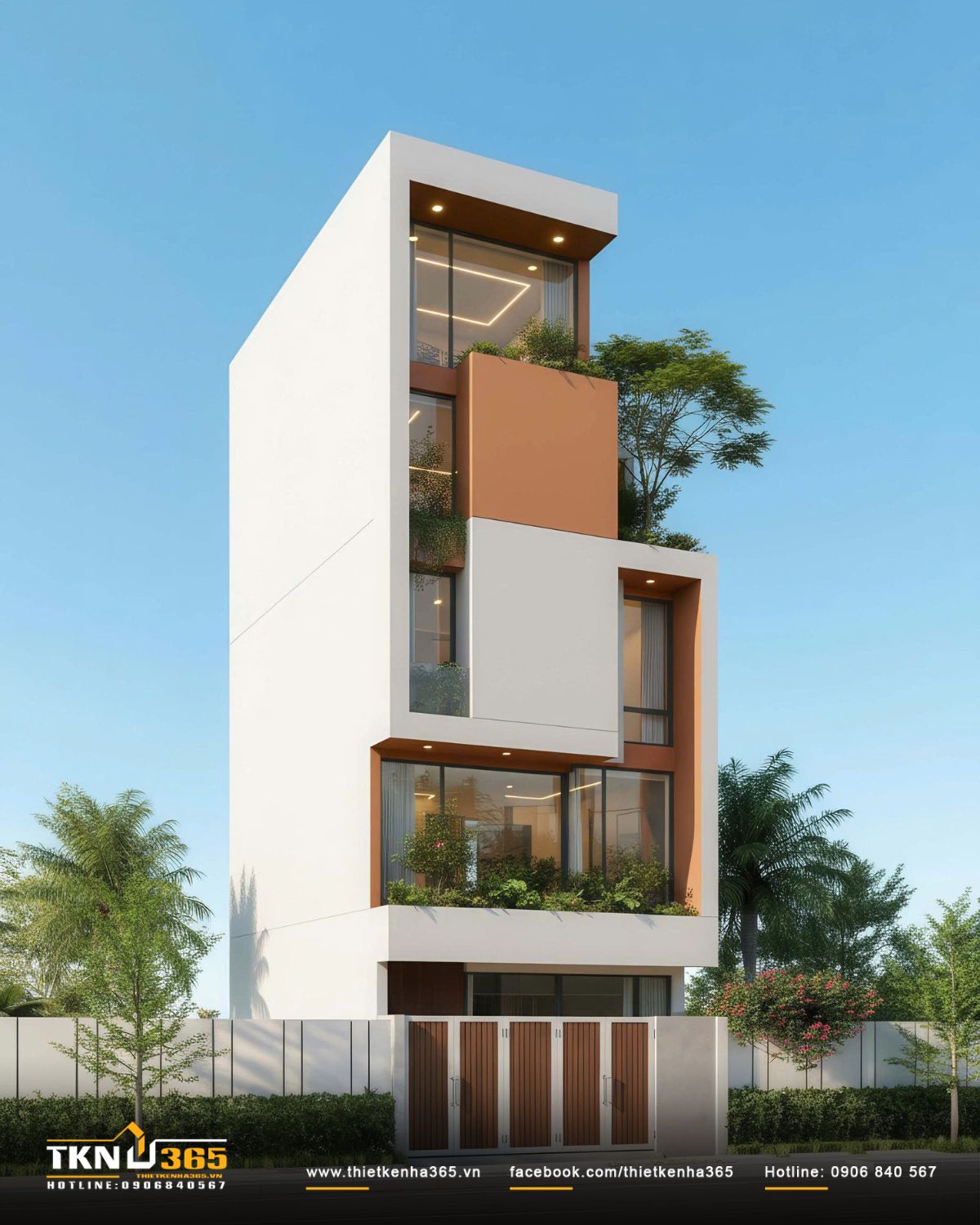 Các khối hộp xếp lệch đẩy - lùi kết hợp hệ cửa kính lớn, giúp ánh sáng len sâu vào bên trong và mang lại sự mềm mại, linh hoạt cho mặt tiền nhà phố 5 tầng