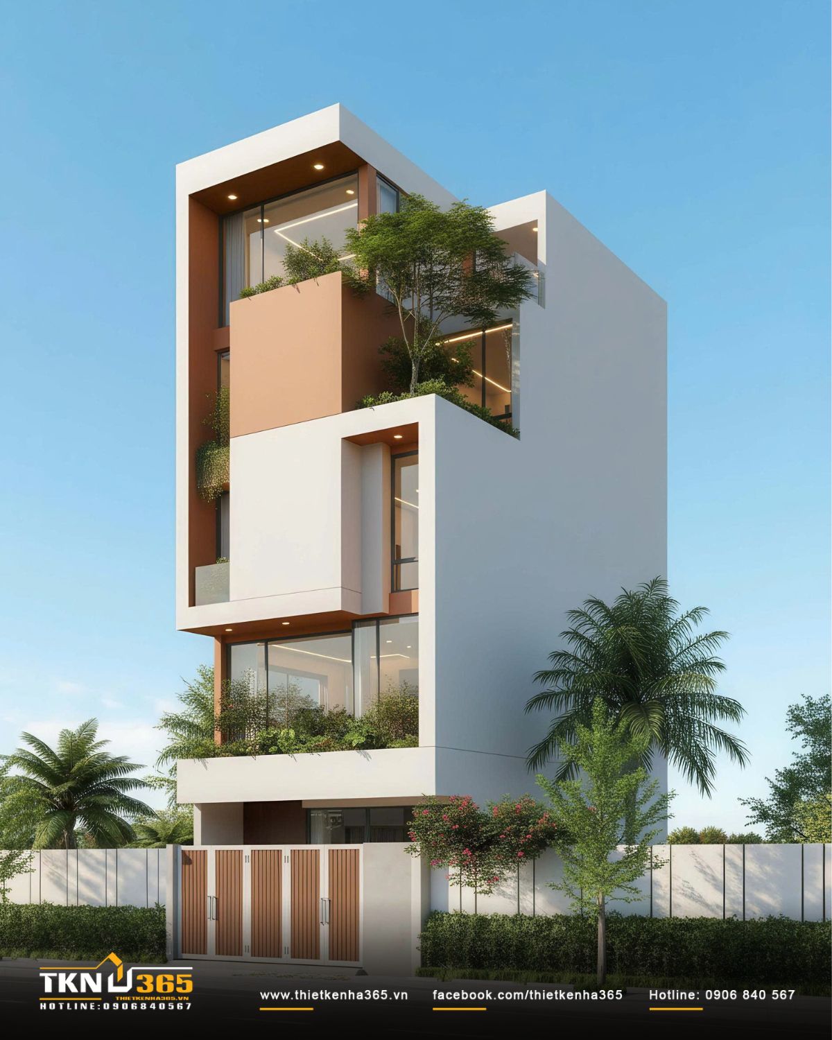 Những lớp hình khối vuông vức xen kẽ khoảng xanh giúp công trình giống như một khu vườn đứng nhiều tầng, giữ được sự mềm mại và sinh động cho mặt tiền nhà phố 5 tầng