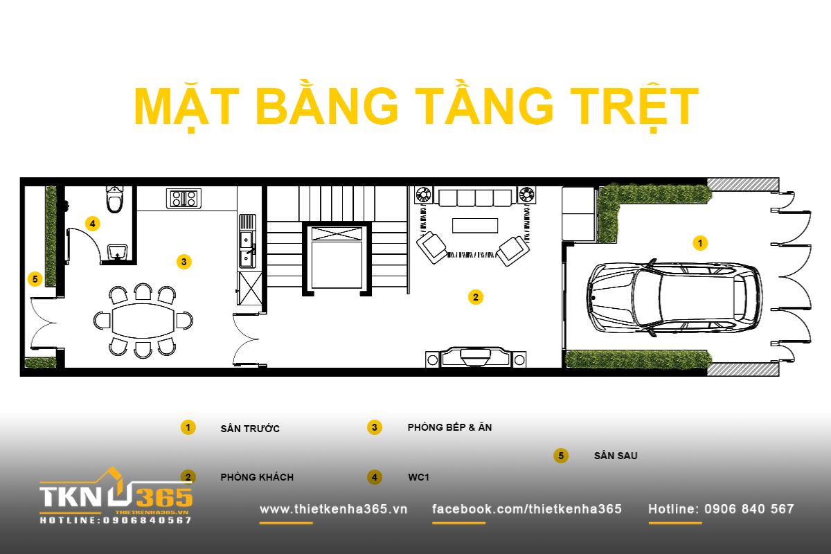 Mặt bằng tầng trệt nhà phố 5 tầng ưu tiên sự kết nối với phòng khách và khu bếp ăn liên thông, tạo khoảng sân trước như lớp đệm giúp không gian thoáng và giảm nhiệt tốt hơn
