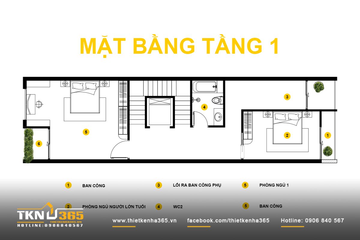 Hai phòng ngủ trên tầng một được mở ra ban công và khoảng xanh riêng, giúp tăng sự riêng tư nhưng vẫn giữ kết nối nhẹ nhàng với thiên nhiên bên ngoài