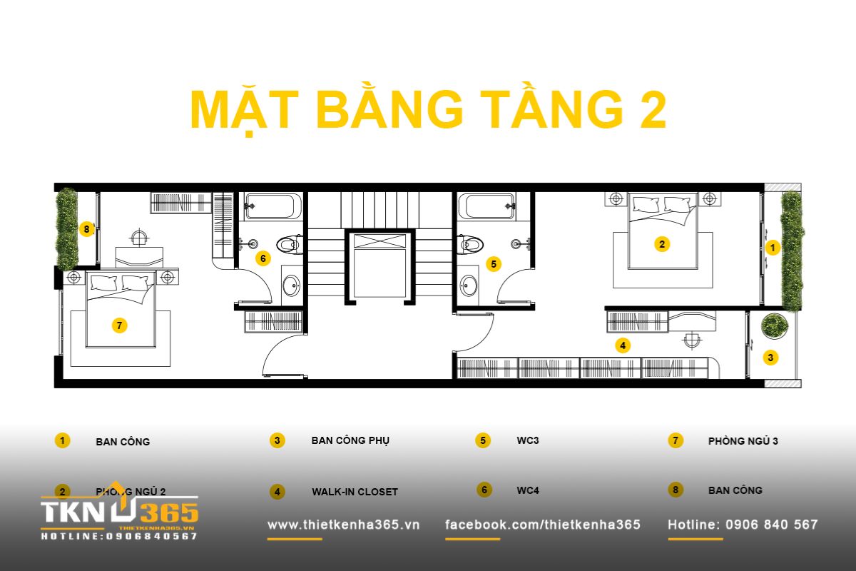 Tầng hai tổ chức hệ phòng ngủ riêng cho từng thành viên, kết hợp walk-in closet và các khoảng mở nhằm tăng sự thoải mái trong sinh hoạt hàng ngày