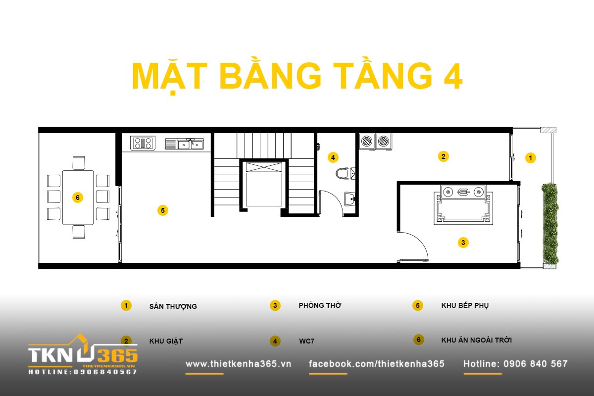 Tầng 4 bố trí phòng thờ, khu ăn uống ngoài trời và sân thượng tách biệt, giữ sự yên tĩnh cần thiết nhưng vẫn duy trì kết nối trong các hoạt động chung của gia đình