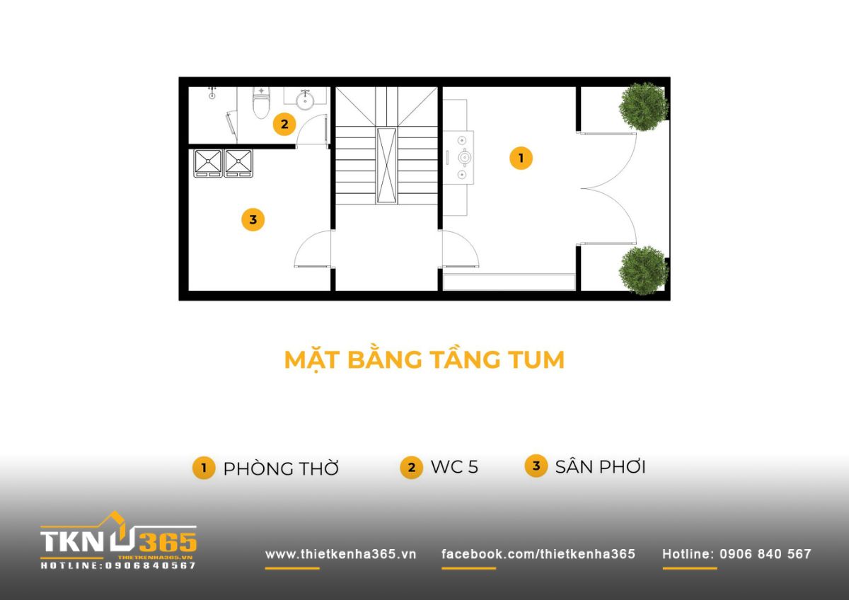 Mặt bằng tầng tum của nhà phố 6 tầng bố trí phòng thờ phía trước và sân phơi phía sau để giữ sự thông thoáng, riêng tư và mặt tiền luôn gọn gàng
