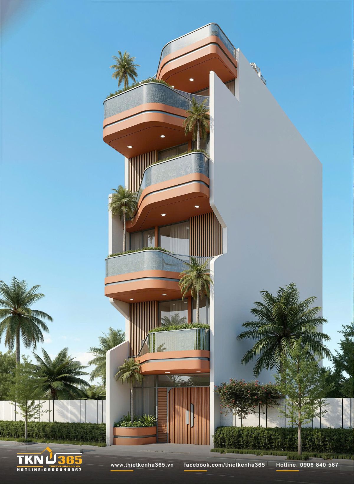 Nhà phố 6 tầng sử dụng gam màu đất nung kết hợp kính cong và lam đứng để tạo cảm giác ấm áp, gần gũi nhưng vẫn giữ tinh thần hiện đại