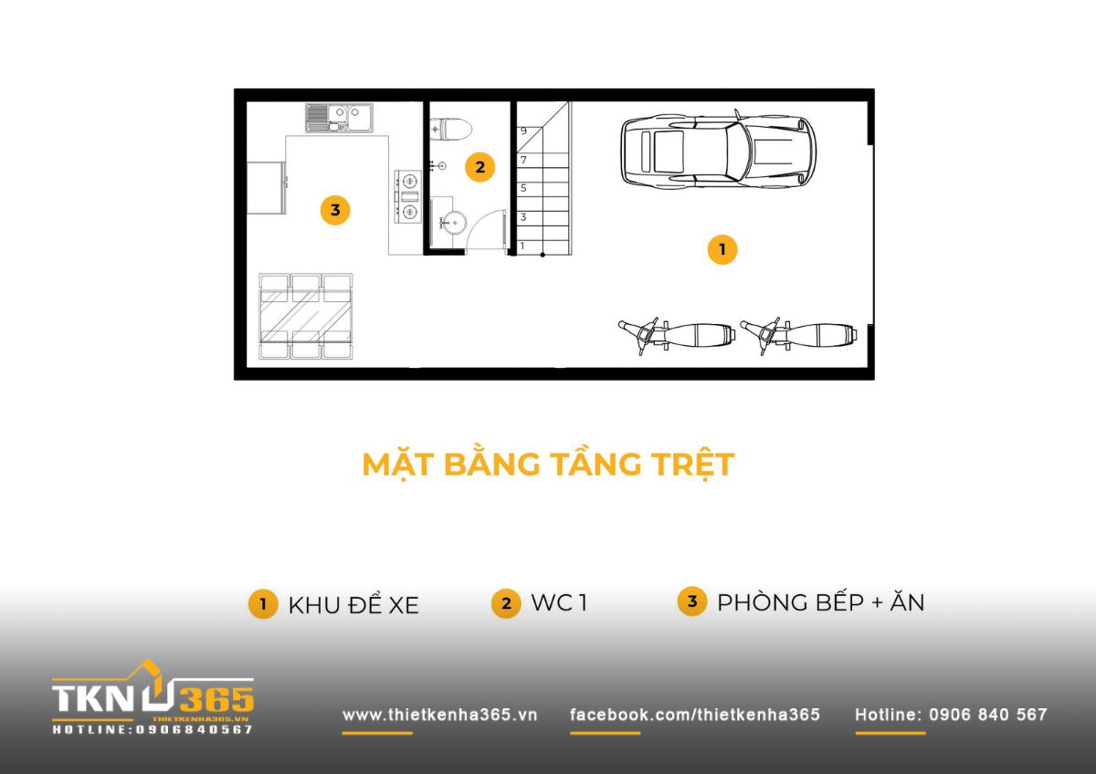 Mặt bằng tầng trệt của nhà phố 6 tầng ưu tiên khu để xe rộng phía trước, bếp ăn được lùi sâu nhằm giữ sự riêng tư và thông thoáng cho không gian sinh hoạt