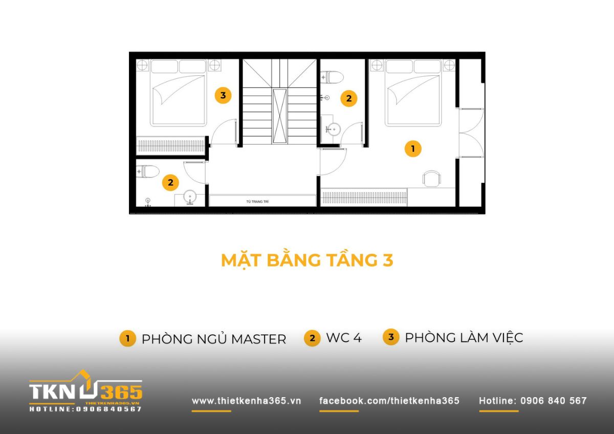 Tầng 3 của nhà phố 6 tầng kết hợp thêm khu làm việc riêng bên cạnh mặt thoáng, tạo không gian sinh hoạt yên tĩnh và thư giãn hơn cho gia chủ