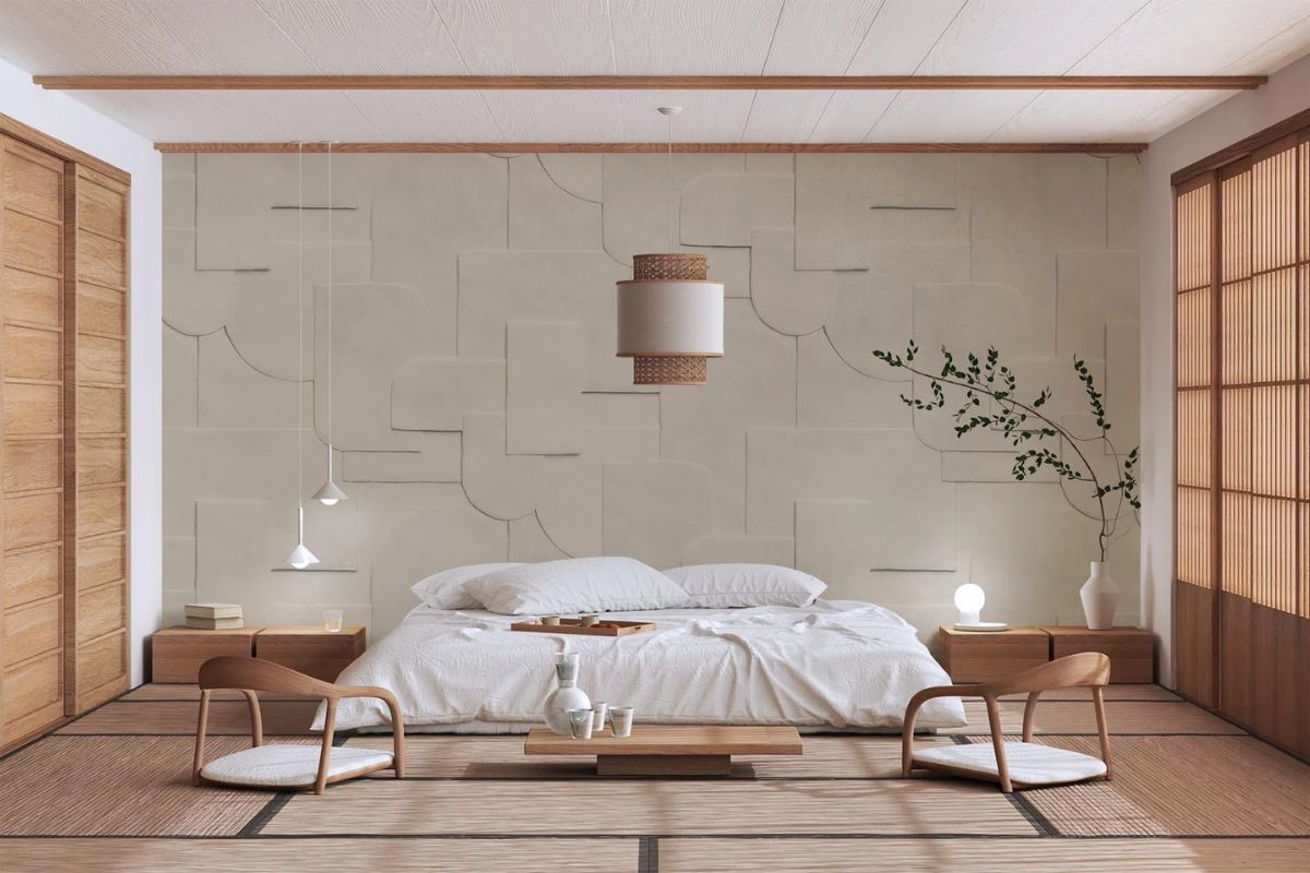 Thiết kế phòng ngủ phong cách Japandi mang lại cảm giác tĩnh và thư giãn nhờ vật liệu tự nhiên (Ảnh: Sưu tầm)