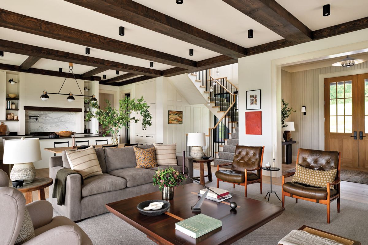 Phong Cách Rustic Là Gì? Đặc Trưng, Vật Liệu & Cách Ứng Dụng Trong Thiết Kế Nội Thất 9 Phòng khách phong cách Rustic rộng thoáng với vật liệu trở thành điểm nhấn chính (Ảnh: Sưu tầm)
