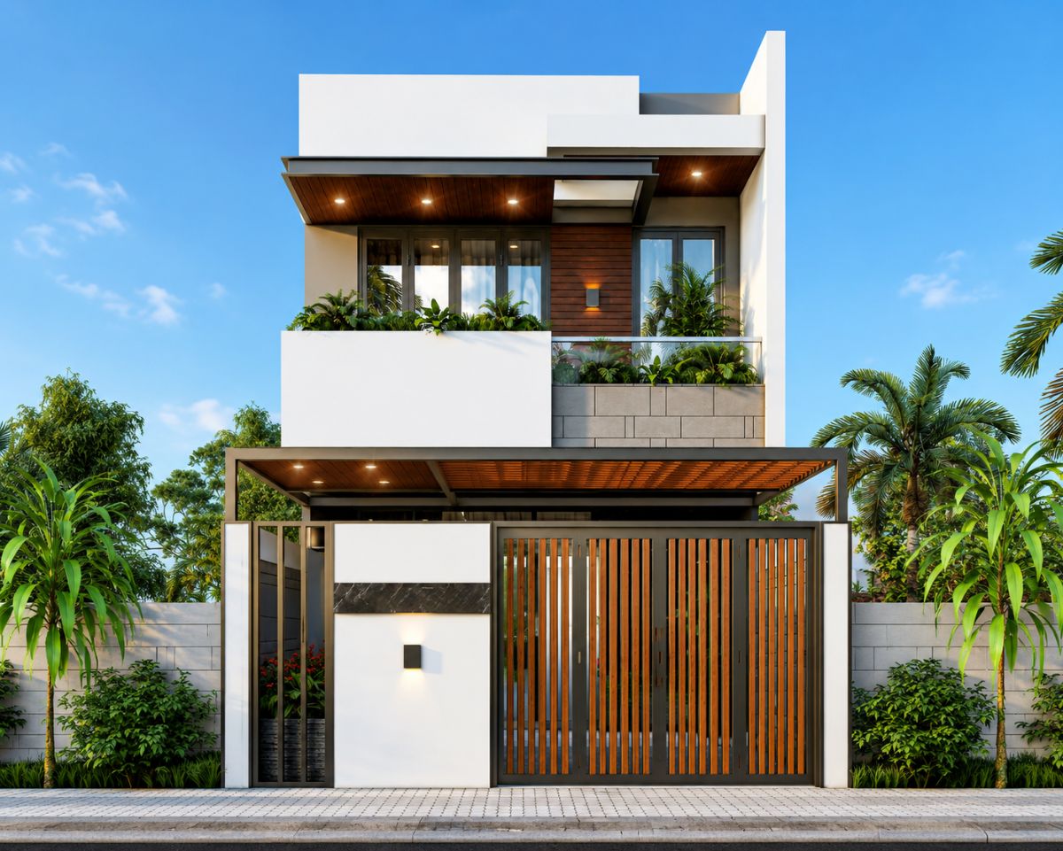 Mẫu nhà 1 trệt 1 lầu mái bằng 6x14 thiết kế ba phòng ngủ rộng thoáng (Ảnh: Sưu tầm)