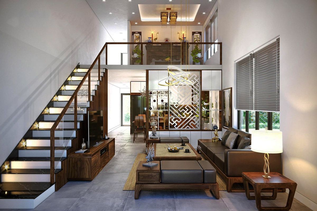 Mẫu nhà 2 tầng có gác lửng giúp tăng thêm diện tích sử dụng nhưng vẫn kiểm soát tốt chi phí xây dựng (Ảnh: Sưu tầm)