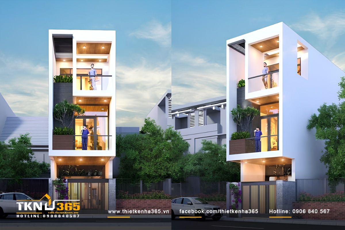 Mẫu nhà 1 trệt 2 lầu 3x12m thiết kế mặt tiền với cửa kính lớn để lấy sáng tự nhiên