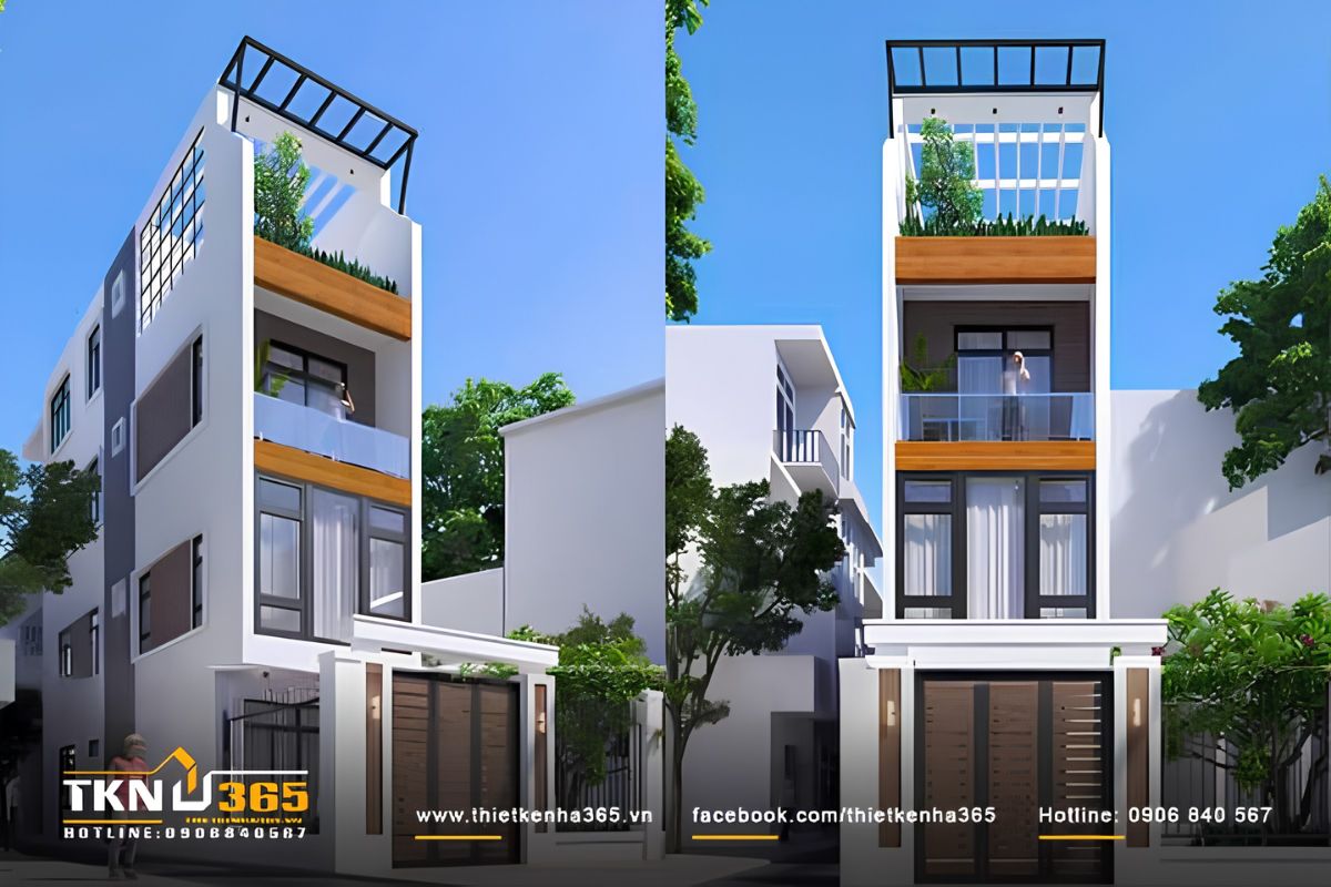 Mẫu nhà 1 trệt 2 lầu 3x12m có sân thượng rộng thoáng với nhiều khoảng xanh đan cài hợp lý