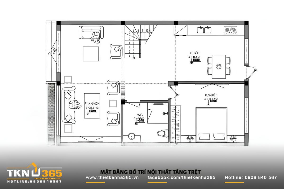 Bản vẽ mặt bằng nhà 6x14 với tầng trệt gồm không gian sinh hoạt chung và một phòng ngủ cho khách hoặc người lớn tuổi