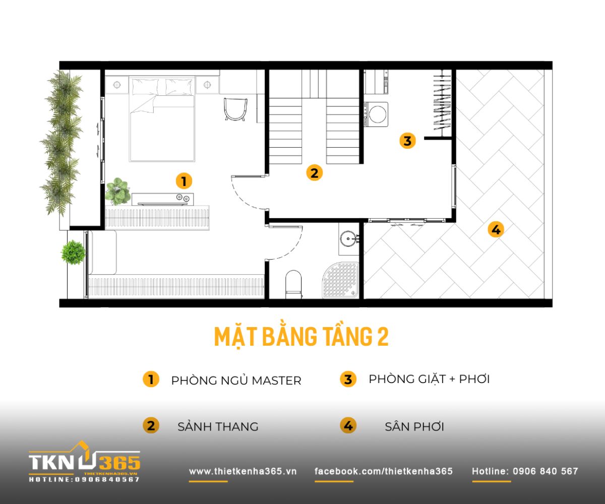 Mặt bằng tầng trên cùng của nhà phố 3 tầng 5x12m dành ưu tiên cho phòng ngủ master rộng rãi, kết hợp khu giặt phơi và sân phơi bố trí về phía sau