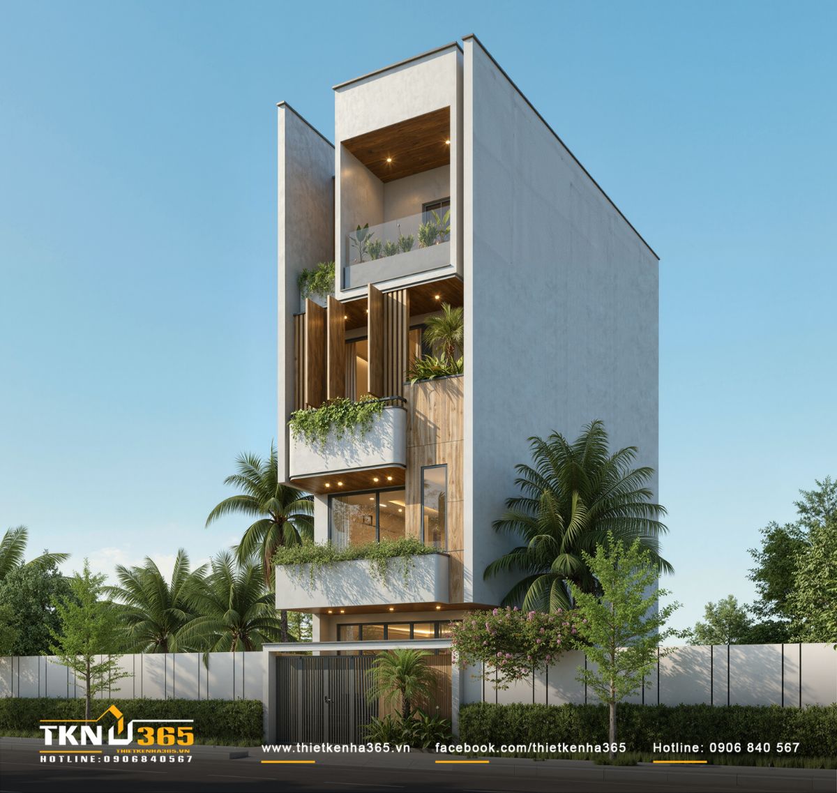 Nhà phố 4 tầng sử dụng các mảng ốp giả gỗ kết hợp cây xanh để làm mềm hình khối cao và hẹp