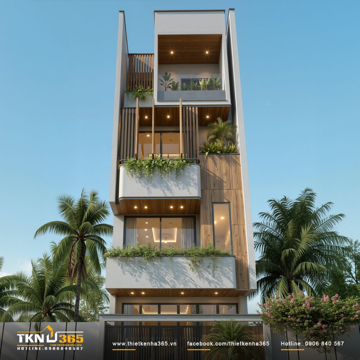 Mặt tiền nhà phố 4 tầng sử dụng bảng màu trung tính cùng hệ đèn âm trần, tạo cảm giác ấm áp và nổi bật khi công trình lên đèn vào buổi tối